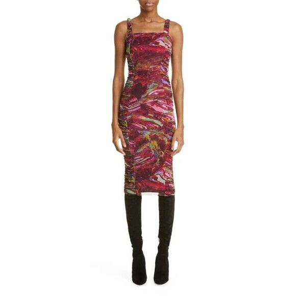 Fuzzi NWT Red Ruched Tulle Bodycon Sleeveless Midi Dress Size L - Picture 1 of 7
